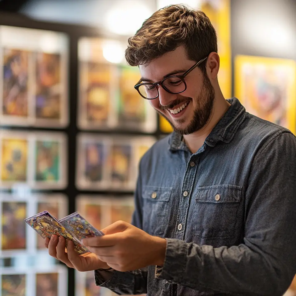 Pokemon Sammelkarten kaufen TCG junger Mann mit Pokemon Sammelkarten